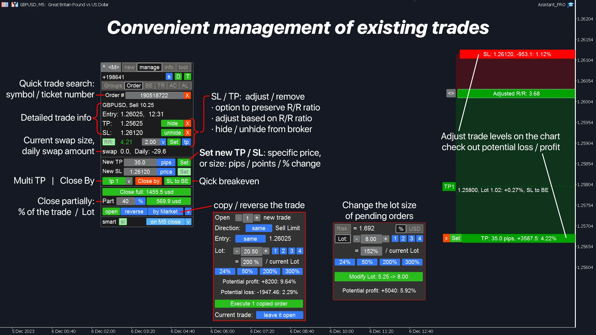Bulk closing and modifying multiple orders in the trading panel